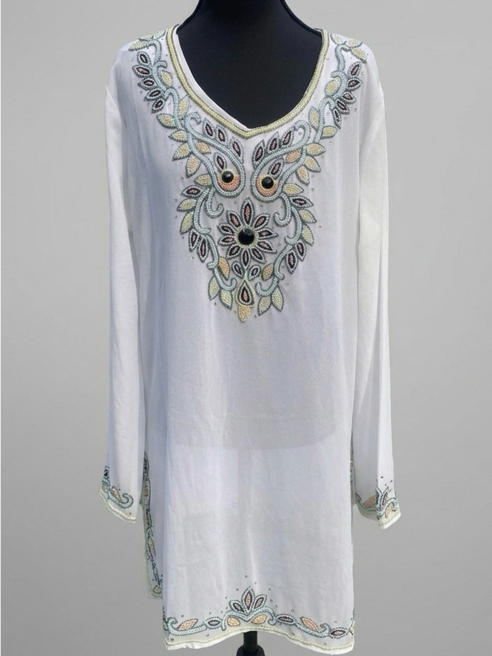 Boho Resortcore Sheer White Beaded Tunic Dress Summer Beach Swim Cover Up 33”